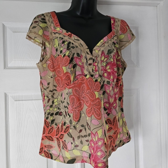 Y2K pink floral chiffon sweetheart neckline blouse - Picture 2 of 7
